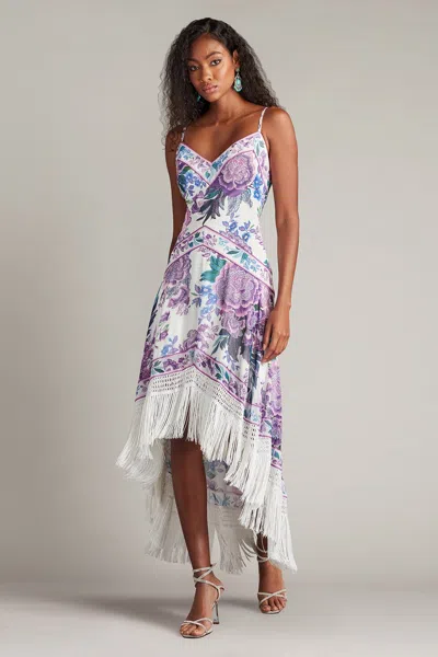 Tadashi Shoji Lua Floral Print Tassel Fringe Slip Dress In White Purple Floral