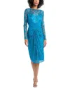 Tadashi Shoji Textured Crepe Paillette Embroidered Tulle Dress In Blue