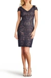 Tadashi Shoji Cold Shoulder Lace Cocktail Dress In Navy/nude