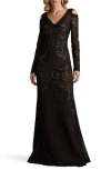 Tadashi Shoji Cold Shoulder Long Sleeve Velvet Lace Gown In Multi
