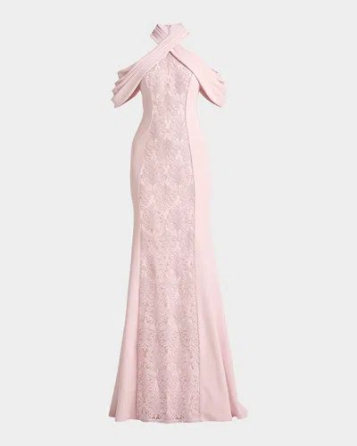 Tadashi Shoji Kato Embroidered Off-shoulder Halter Gown In Pink
