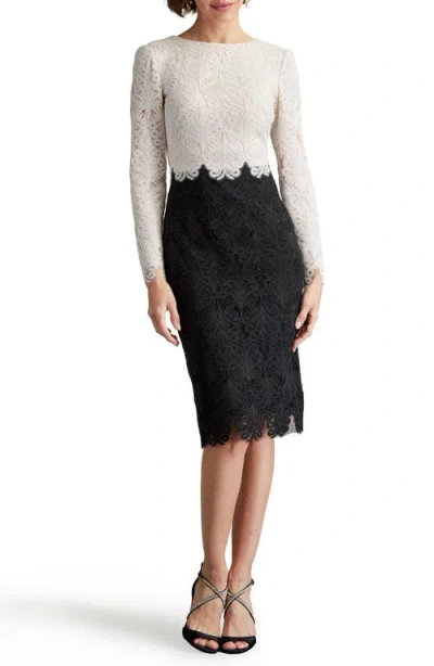 TADASHI SHOJI TADASHI SHOJI COLORBLOCK LONG SLEEVE CORDED LACE COCKTAIL DRESS