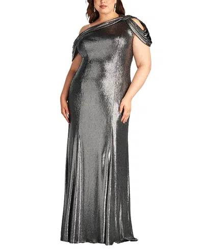 Tadashi Shoji Copley Shoulder Drape Lame Gown - Plus Size In Silver