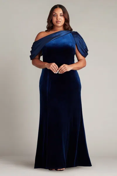 Tadashi Shoji Copley Shoulder Drape Velvet Gown In Blue