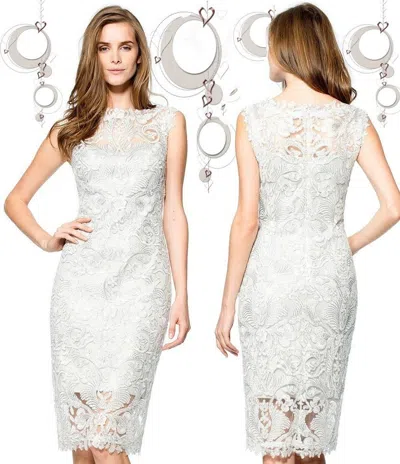 Pre-owned Tadashi Shoji Corded Embroidered Lace Tulle Illusion Boat Neck Silver Dress