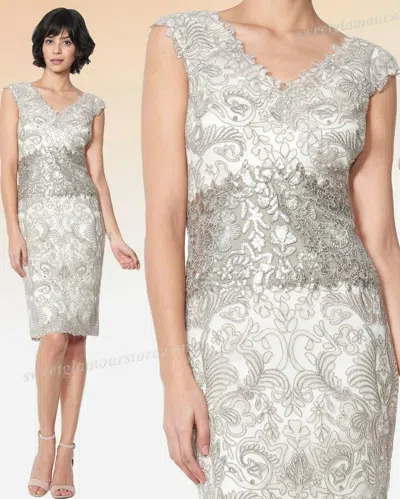 Pre-owned Tadashi Shoji Corded Embroidered Tulle Contrast Sequined Lace Waist Dress In Latte / Pumice
