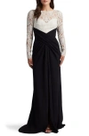 Tadashi Shoji Pleated Two-tone Crepe & Lace Column Gown In Ivory/ Black