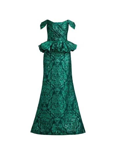 Tadashi Shoji Corliss Peplum Damask-pattern Maxi Dress In Transparent