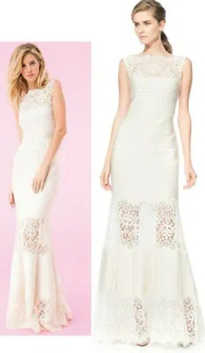 Pre-owned Tadashi Shoji Cream Illusion Embroidered Lace Pintuck Jersey Dress Gown L $428 In Yellow