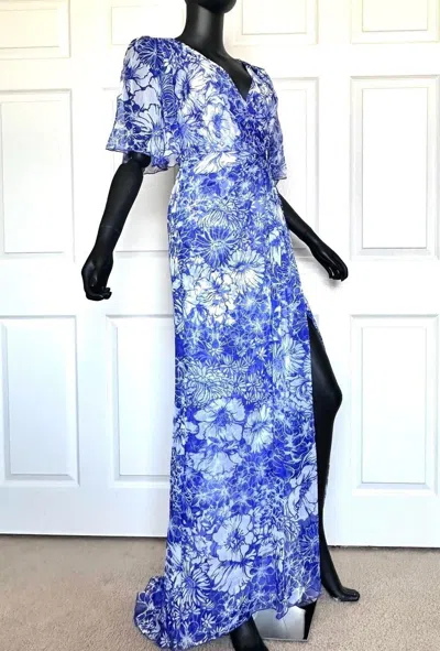 Pre-owned Tadashi Shoji Crinkle Chiffon Gown Long Dress Petunia Flatter Sleeve In Blue White