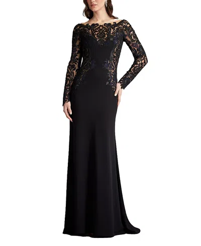 Tadashi Shoji Damita Sequin Embroidered Illusion Gown In Black/nude