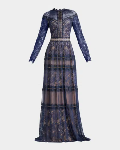 Tadashi Shoji Debore Orchid Illusion Long-sleeve Gown In Royal Navy
