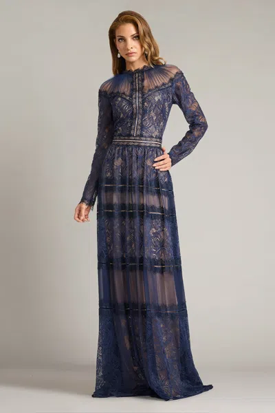 Tadashi Shoji Debore Lace-detail Tiered Gown In Blue