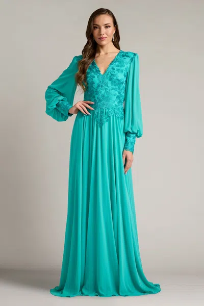 Tadashi Shoji Delfina Embroidered Bishop Sleeve Gown In Blue