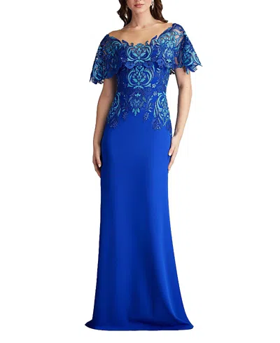 Tadashi Shoji Deming Ruffled Sleeve Illusion Gown In Blue