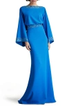 Tadashi Shoji Drape Back Crepe Long Sleeve Gown In Blue Gaze