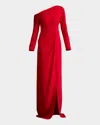 Tadashi Shoji Pleated One-shoulder Long Sleeve Crepe Gown In Flame