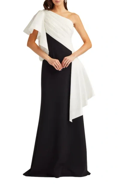 Tadashi Shoji Draped One-shoulder Mixed Media Gown In Black