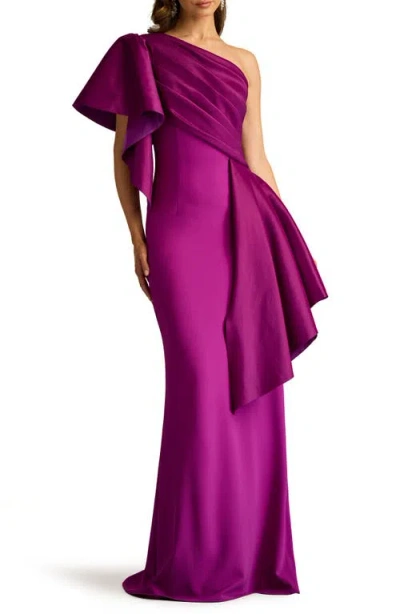 TADASHI SHOJI TADASHI SHOJI DRAPED ONE-SHOULDER MIXED MEDIA GOWN