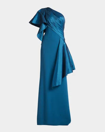 Tadashi Shoji Draped One-shoulder Taffeta Crepe Gown In Blue