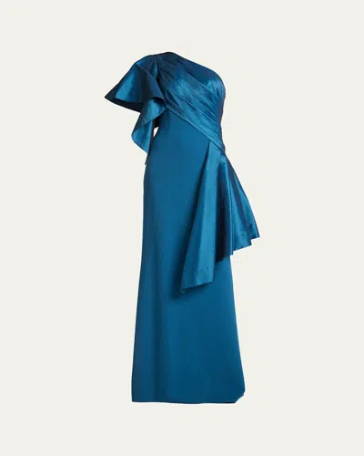 Tadashi Shoji Draped One-shoulder Taffeta Crepe Gown In Blue