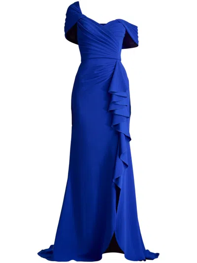 Tadashi Shoji Asymmetrical Ruffled Crepe Gown In Mystic Blue