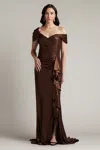Tadashi Shoji Drea Metallic Waterfall Flounce Gown In Brown