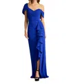 Tadashi Shoji Textured Crepe Asymmetrical Gown In Mystic Blue