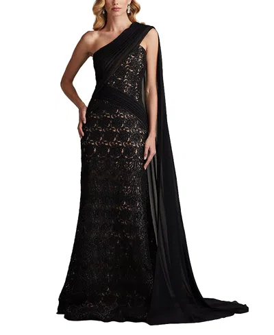 TADASHI SHOJI EAMON DRAPED SLEEVE SEQUIN EMBROIDERED GOWN