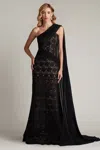 Tadashi Shoji Eamon Draped Sleeve Sequin Embroidered Gown In Black