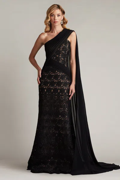 Tadashi Shoji Eamon Draped Sleeve Sequin Embroidered Gown In Black