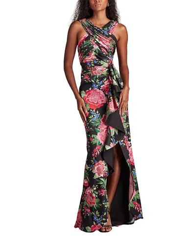 Tadashi Shoji Elarra Floral Waterfall Flounce Gown In Black