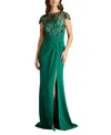 Tadashi Shoji Eleonora Draped Sequin Illusion Gown In Green