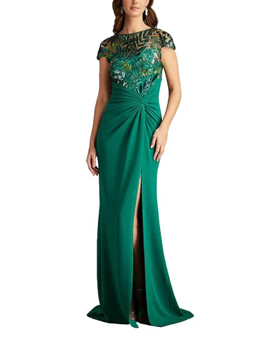 Tadashi Shoji Eleonora Draped Sequin Illusion Gown In Green