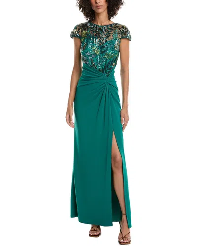 Tadashi Shoji Eleonora Draped Sequin Illusion Gown In Green