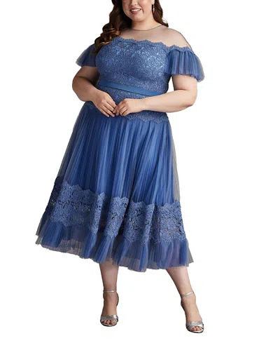 Tadashi Shoji Elise Embroidered Pleated Tulle Midi Dress - Plus Size In Blue Stone