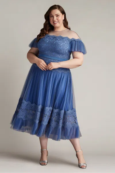 Tadashi Shoji Elise Embroidered Pleated Tulle Midi Dress In Blue