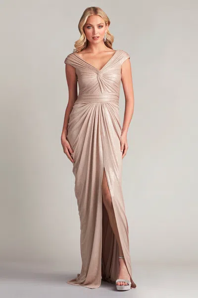 Tadashi Shoji Ellery Draped Metallic Jersey Gown In Brown