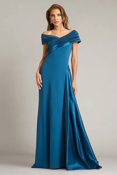 Tadashi Shoji Elysian Draped Overlay Train Gown In Blue