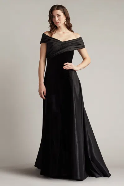 Tadashi Shoji Elysian Velvet Draped Overlay Train Gown In Black