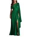 Tadashi Shoji Pleated One-shoulder Cape Gown In Green
