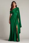 Tadashi Shoji Pleated One-shoulder Cape Gown In Green