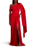Tadashi Shoji One Shoulder Draped Sleeve Red Gown In Lava Red