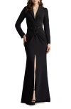 Tadashi Shoji Embroidered Crepe Flower Long Sleeve Body-con Gown In Black