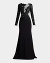 Tadashi Shoji Textured Crepe Bloom Embroidered Long Sleeve Gown In Blacknude