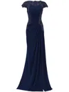 Tadashi Shoji Embroidered Side Ruched Cap Sleeve Gown In Blue
