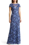 Tadashi Shoji Brx16575l Long Formal Floral Evening Dress In Blue Violet/navy