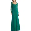 Tadashi Shoji Embroidered Lace Long Sleeve Crepe Gown In Green