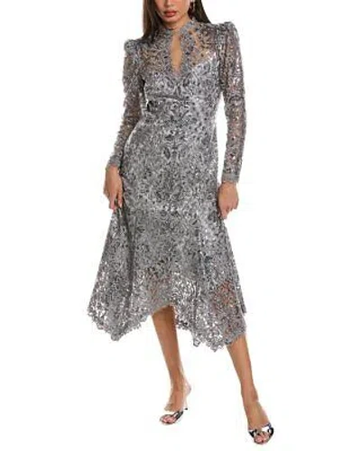 Pre-owned Tadashi Shoji Embroidered Lace Midi Dress Women's Metallic 4 In Gray