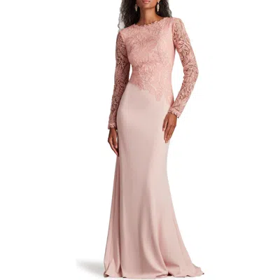 Tadashi Shoji Embroidered Leaf Print Long Sleeve Gown In Adobe Blush